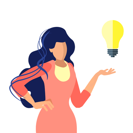 Young Woman with Light bulb Vector Illustration. Lady, Businesswoman in Casual Clothing Cartoon Character. Successful Brainstorm, Creative Startup Idea. Inspiration, Imagination, Inventive Solutionのイラスト素材