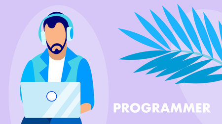 Programming, Coding Flat Vector Banner Concept. Young Programmer in Earphones Working with Laptop...