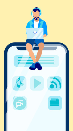 Web Designer, Freelancer Flat Vector Illustration. Student in Headphones, Social Media Network User Cartoon Character. Programmer Creating Mobile Application Interface. UI Developer, Remote Jobのイラスト素材