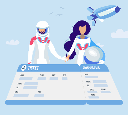 Space Travel, Passengers Flat Vector Illustration. Cartoon Male, Female Astronauts In Spacesuits Holding Hands. Sci-Fi Interplanetary Tourism Ticket, Boarding Pass. Flying in Shuttle, Spaceshipのイラスト素材