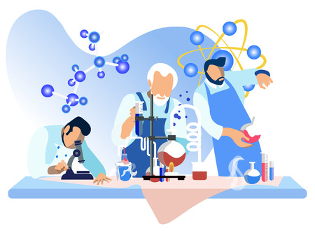Male Scientists in Lab Flat Vector Illustration. Researchers Adding Liquids in Beakers Isolated Characters. Cartoon Assistant Studying Specimen in Microscope. Molecules in Chemical Reactionのイラスト素材