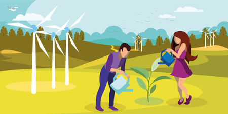 Sustainable Nature Usage Flat Vector Illustration. Windfarm Generating Green Energy. Cartoon Couple, Farmers Growing, Watering Plant. Environment Friendly Agriculture, Horticulture, Gardeningのイラスト素材