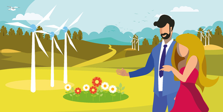 Couple Walking near Windfarm Flat Illustration. Man, Woman Enjoying Responsible Resources Use. Renewable Energy Generation Equipment, Wind Turbines. Cartoon Friends Admire Clean Environment, Flowersのイラスト素材