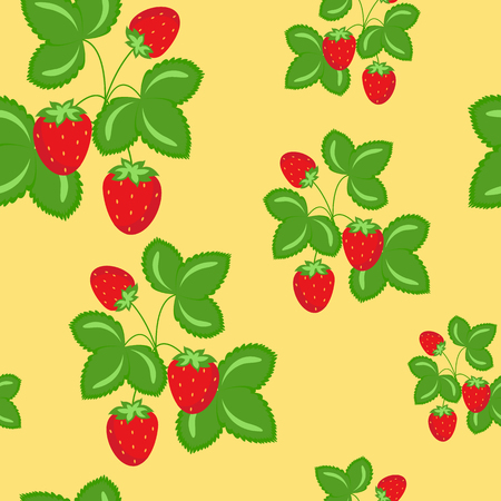 Ripe Wild Strawberries Vector Seamless Pattern. Red Juicy Berries Background. Green Twigs with Leaves. Retro Raw Fruits Textile Ornament, Wrapping Paper. Summer Seasonal Harvest, Crop Backdropのイラスト素材