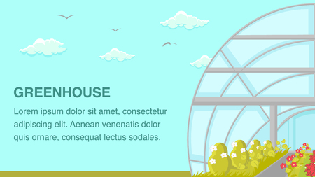 Greenhouse Plants Cultivation Web Banner Template. Cartoon Red and White Flowers Blossoms in Hothouse. Blooming Bushes Rows. Sprouts, Seedlings, Saplings Growing in Glasshouse Vector Posterのイラスト素材