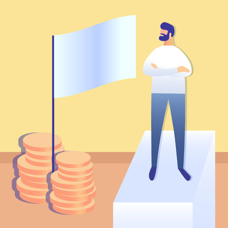 Goal Achievement, Success Flat Vector Illustration. Ambitious Leader Cartoon Character. Successful Businessman, Entrepreneur. Financial Literacy, Profitable Investment. Coins Stack with Flagのイラスト素材
