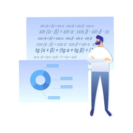 Science Work, Research Flat Vector Illustration. School Teacher Cartoon Character. Mathematician Working on Trigonometry Problem Solution. Mathematical Theorem Proof. Complex Calculation, Equationのイラスト素材