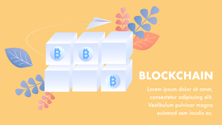 Blockchain Technology Flat banner Vector Template. Cryptocurrency Investment, Financial Literacy. Bitcoin Mining, E business. Ecommerce Innovation, Crypto Transaction. Illustration with Text Spaceのイラスト素材