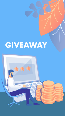 Giveaway Contest Flyer, Brochure Vector Template. Man Sit in Chair with Laptop Cartoon Character. Social Media Competition, Customer Attraction Strategy. SMM. Flat Illustration with Typographyのイラスト素材
