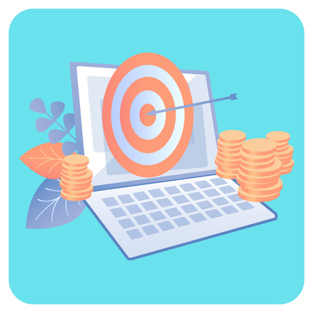 Digital Marketing Campaign Vector Illustration. Audience Expansion, Customer Attraction, Client Engagement. Precise Business Strategy, Plan. Target Advertising. Laptop, Dart Bullseyeのイラスト素材