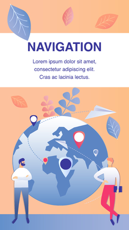 Logistics, Navigation System Flyer Vector Template. Company Workers Cartoon Characters. International Transportation Business. Worldwide Distribution. Delivery Service Web Banner with Text Spaceのイラスト素材