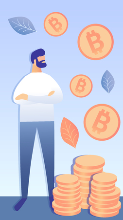 Successful Bitcoin Investment Vector Illustration. Crypto Investor Cartoon Character. Financial Literacy, E commerce. Internet Earnings, Profit Increase. Blockchain Technology Innovationのイラスト素材