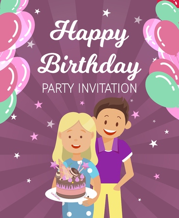 Banner Written Happy Birthday Party Invitation. Holiday Organization for Children. Boy and Girl Brought Cake. Greeting Card with Congratulations. Service for Organizing Gala Event.のイラスト素材