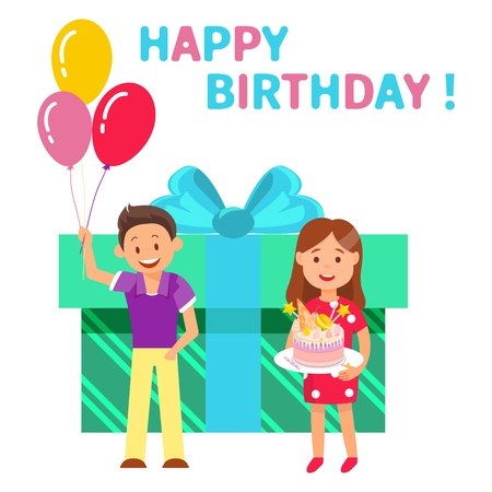 Flat Banner Inscription Happy Birthday Lettering. Happy Birthday Greeting Card. Holds Balloons, Girl Brought Birthday Cake. There Box in Background Festive Packaging, Cartoon Vector.のイラスト素材