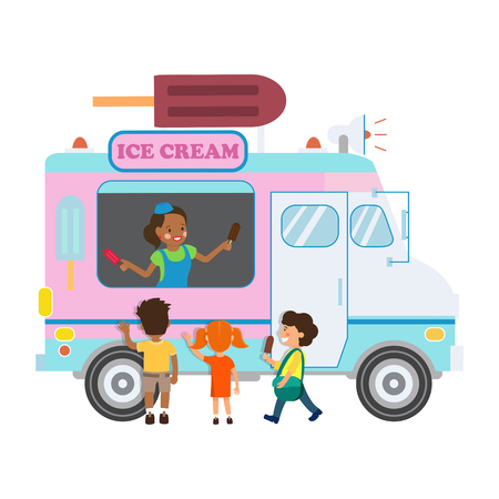 Food Truck with Ice cream Flat Vector Illustration. African American Saleswoman and Little Children Cartoon Characters. Smiling woman in Van with Megaphone. Small Business Isolated Design Elementのイラスト素材