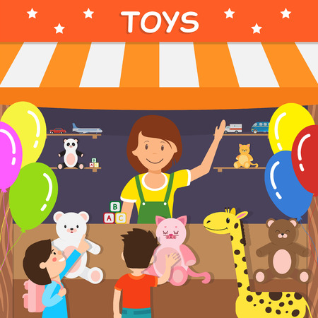 Plush Toys Sale Business Flat Vector Illustration. Smiling Vendor and Little Boy, Girl Cartoon Characters. Happy Woman Selling Carnival Presents, Soft Playthings. Gift Storefront, Shopのイラスト素材