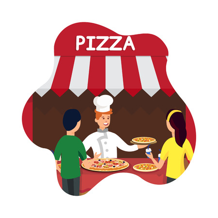 Italian Cuisine Kiosk Flat Vector Illustration. Smiling Salesman and Waiting Clients Cartoon Characters. Chef, Cook in Uniform Selling Tasty Pizza. Catering, Takeaway Service Isolated Design Elementのイラスト素材