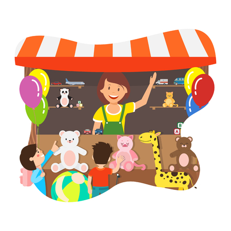Happy Woman Selling Toys Flat Vector Illustration. Young Saleswoman and Joyful Children Cartoon Characters. Gift Shop with Plush Teddy Bears. Presents Kiosk, Soft Toys Store, Retail Serviceのイラスト素材