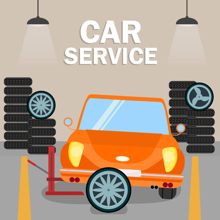 Retro Automobile Renewal Flat Banner Template. Tyre Fitting Company Typography. Repair Garage, Station Interior with Vehicle Lifting Jack Equipment, Wheels. Spare Parts, Casing Replacementのイラスト素材
