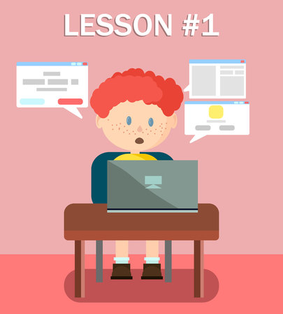 Boy Learning Online on Laptop Reading Information Banner Vector Illustration. E-learning, Distance Studying via Internet, Communicating. Person Sitting at Desk Typing on Computer. First Lesson.のイラスト素材