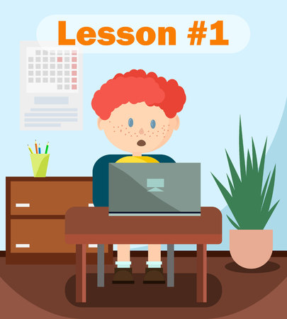 Surprised Boy Reading, Working Online on Laptop Banner Vector Illustration. Researching Project via Internet. Getting Information for Lesson at School. Studying with Modern Technologies.のイラスト素材