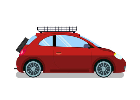 Red Car with Roof Rails Flat Vector Illustration. Micro Vehicle Model with Spare Wheel. Luggage Box on Automobile Top. Auto Baggage Transportation Equipment. Road Trip Isolated Design Elementのイラスト素材