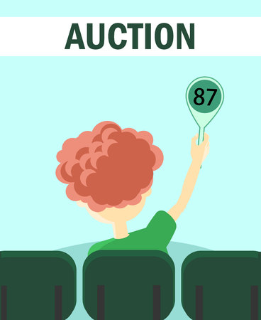 Participant of Auction Holds Tablet with Number Poster Vector Illustration. Cartoon Young Man Buying Things or Services sitting on Chair. Boy Making Higher Bids to Get Goods and Property.のイラスト素材