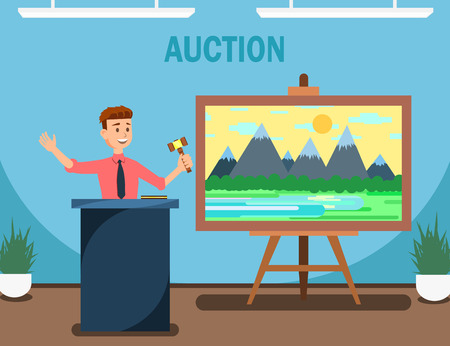 Auctioneer with Gavel Selling Landscape Painting Vector Illustration. Buying and Selling Goods or Services, Offering for Bid Banner. Auction House with Man Holding Hammer. Sales in Art Gallery.のイラスト素材