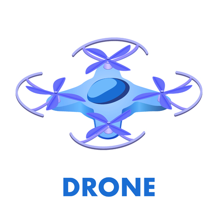 Unmanned Aerial Vehicle Isometric Illustration. Isolated Aircraft with four Propellers. Flat Drone, UAV for Spying, Photographing. Express Delivery Equipment. Flying Hi-Tech Aero Transportation Deviceのイラスト素材