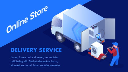Online Store Goods Transportation Banner Template. Delivery Service Typography with Text Space. Isometric Worker Loading Domestic Appliance in 3d Truck Cartoon Character. Internet Purchase Shipmentのイラスト素材