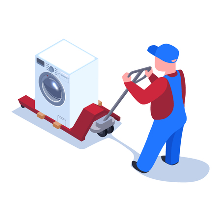 Domestic Appliances Delivery Flat Illustration. Male Worker in Uniform Carrying Washing Machine, Laundry Washer Isolated Character. Household Electric Devices Transportation Serviceのイラスト素材