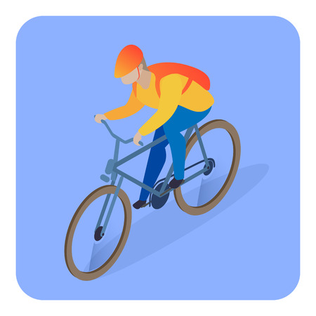 Delivery Man on Bicycle Isometric Illustration. Young Male Courier, Errand Boy, Riding Bike Flat Character. Student Odd Job, Profession, Occupation. Retail Products, Food Transportation Serviceのイラスト素材