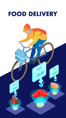 Food Products Delivery Isometric Poster Template. Online Butchers Shop Order Advertising Typography. Cartoon Courier on Bicycle with Cool-Box. Realistic Beef, Turkey with Electronic Price Displaysのイラスト素材