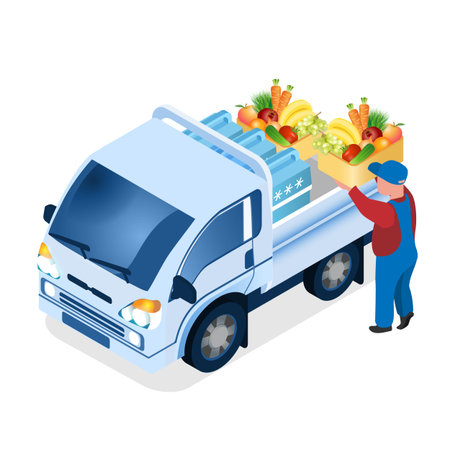 Delivery Worker Loading Box Isometric Illustration. 3d Van with Containers, Cool-Boxes. Realistic Fresh Vegetables, Herbs, Fruits. Supermarket, Grocery Store Food Products Orders Transportationのイラスト素材