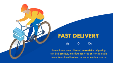 Fast Delivery Service Isometric Banner Template. Cartoon Biker, Courier Carrying Cool-Box, Portable Refrigerator. Fresh Food Transportation Webpage Typography with Navigation Linear Iconsのイラスト素材