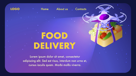 Fresh Food Delivery Website Isometric Template. Grocery Store Landing Page Typography with Copyspace. 3d Quadcopter Express, Fast Orders Transportation. High Quality Fresh Products Deliveryのイラスト素材