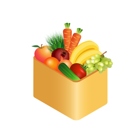 Fresh Vegetables in Box Realistic Illustration. Isolated Fruits in Container. Flat Carrots, Grapes, Herbs. Organic Food, Tasty Ingredients. Healthy Diet, Vegetarian Nutrition. Bio Agricultural Produceのイラスト素材