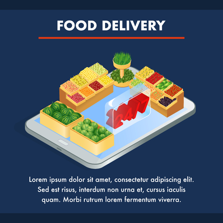 Online Grocery Store Isometric Banner Template. Smartphone Application Typography. Delivery Service Promotion Text Space. Realistic Fresh Vegetables, Fruits. 3d Supermarket Poster Designのイラスト素材