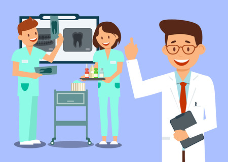 Dental Clinic Workers Flat Vector Illustration. Chief Doctor and Interns Cartoon Characters. Dentist in White Coat and Assistant, Nurse. Stomatology, Radiology Room, X ray Photographs Examinationのイラスト素材