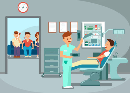 Teeth Examination, Dentist Visit Flat Illustration. Cheerful Doctor and Patient Sitting in Dental Chair Cartoon Characters. People with Toothache Queue. Stomatology Clinic, Dentistry, Dentist Officeのイラスト素材