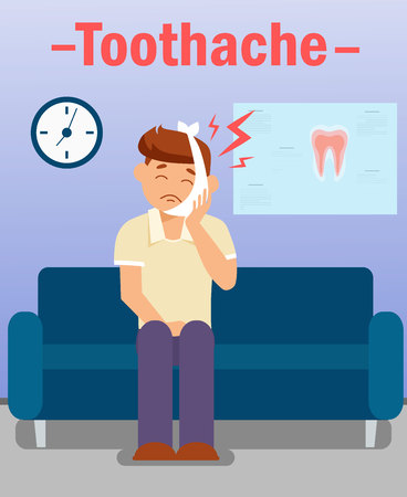 Toothache, Teeth Problem Vector Banner Concept. Man in Bandage Holding his Cheek Cartoon Character. Dental Clinic Patient in Waiting Room Flat Illustration with Typography. Stomatology Posterのイラスト素材