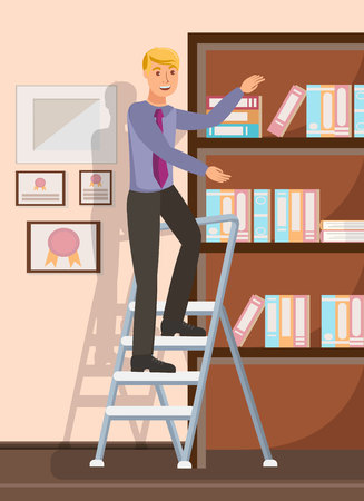 Office Worker Reaching Documents Flat Illustration. Cheerful Man, Boy Standing on Folding Steps Cartoon Character. Lawyer, Solicitor with Folders in Bookcase. Bookkeeper, Accountant Financial Reportsのイラスト素材