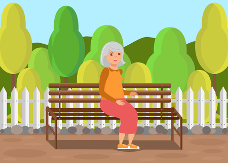 Elderly Lady Sitting on Bench Flat Illustration. Old Lady Enjoying Fresh Air in Park. Retired Woman, Pensioner, Grandmother in Garden Cartoon Character. Lonely Person, Widow Spending Time Aloneのイラスト素材