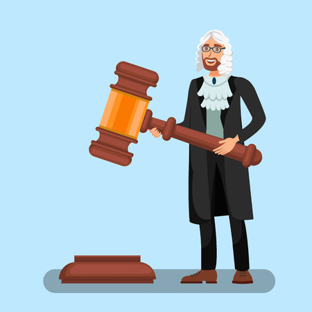 Judge in Wig Holding Big Gavel Flat Illustration. Court System Metaphor. Litigation Process, Procedure Symbol. Male Magistrate in Gown with Ceremonial Mallet, Hammer Isolated Characterのイラスト素材