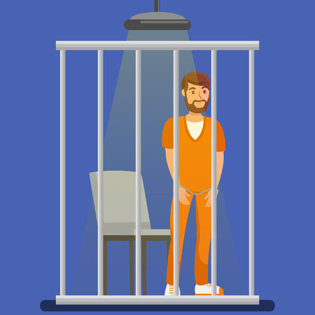 Prisoner behind Metal Bars Vector Illustration. Handcuffed Jailed Man Standing in Cell, Cage Cartoon Character. Imprisoned Bearded Lawbreaker, Culprit, Thief, Robber Wearing Orange Uniformのイラスト素材