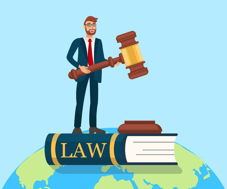 Rule of Law Metaphor Flat Vector Illustration. Male Lawyer Holding Huge Wooden Gavel. Legal Advisor, Juror, Barrister Standing on Law Book. Equal Rights, Equality, Fair Trial in Worldのイラスト素材