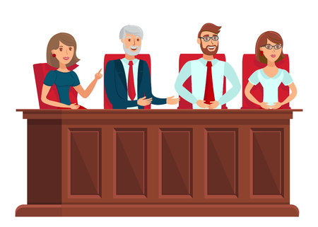 Jury Trial Representatives Vector Illustration. Male and Female Jurors, Experts Sitting at Table. Board of Management, Committee of Directors at Work. Examining Commision Specialistsのイラスト素材