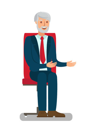 Elderly Man Sitting in Chair Flat Illustration. Cartoon Grey-Haired Adult Isolated Character. Conversation, Interview Hands, Palms Gestures. Experienced Expert, Grandfather in Official Dress Codeのイラスト素材