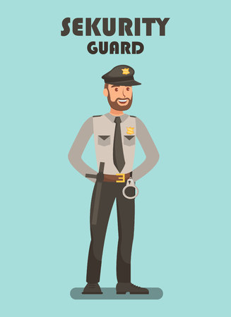 Security Guard on Mission Vector Poster Template. Police Officer Typography. Bodyguard Equipped with Handcuffs, Baton, Uniform. Policeman, Police Staff, Personnel. Sheriff, Bailiff, Sergeantのイラスト素材