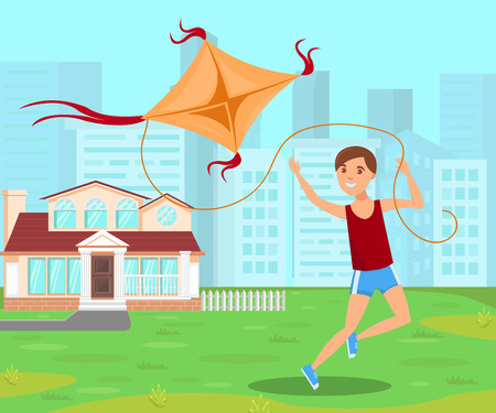Boy Jumping with Kite Flat Vector Illustration. Cheerful Preschooler Having Fun in Yard Cartoon Character. Brother, Son Enjoying Summer Vacation, Holidays. Pastime, Leisure Time, Hobby Activityのイラスト素材